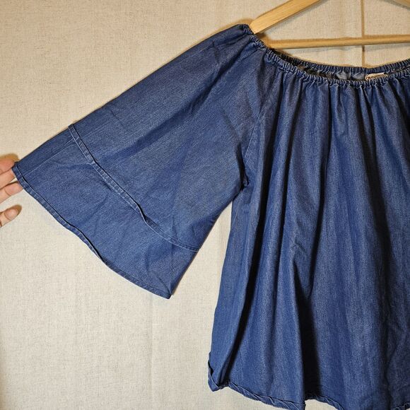 Advance Apparels Free Size Denim Chambray Flowy Top Elastic Neck Bell Sleeves - Picture 2 of 7